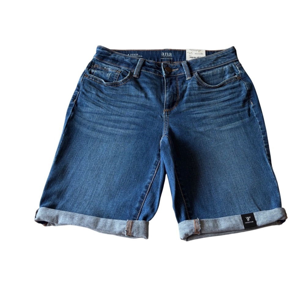 NEW ANA A New Approach Denim Bermuda Shorts Dark Wash Cuffed 9 Inch Inseam SZ 4